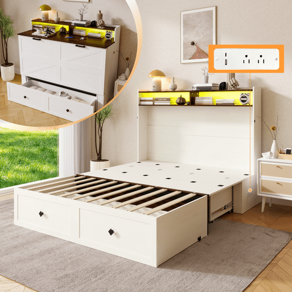 Queen Size Murphy Bed with LED Lights & Charging Station, Farmhouse Murphy Cabinet Bed with Storage Shelves & Drawer, Wood Hidden Folding Bed for Guest Room, White