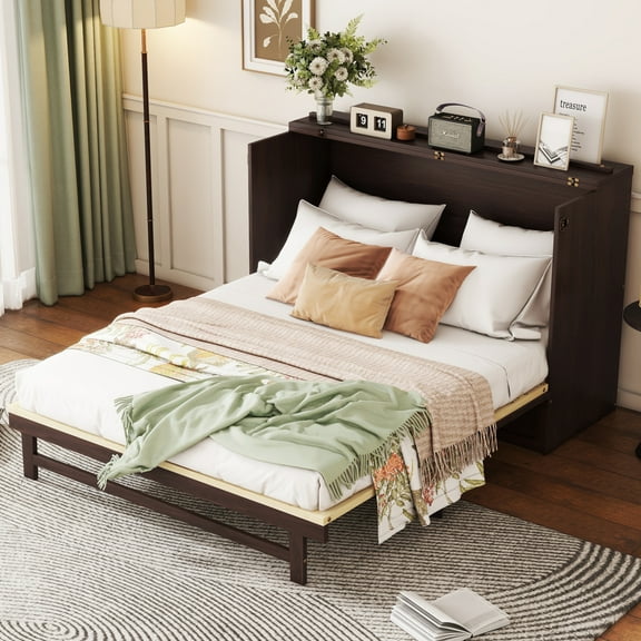 Queen Size Murphy Bed, Pine Wood Cabinet Bed with Rattan Decoration and Storage Drawer, Espresso