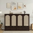 thumbnail image 1 of Queen Size Murphy Bed with Power Station, Pine Wood Cabinet Bed with Large Drawer & Rattan Decoration Panel, Folded Platform Bed for Guest Room Home Office, Espresso, 1 of 9