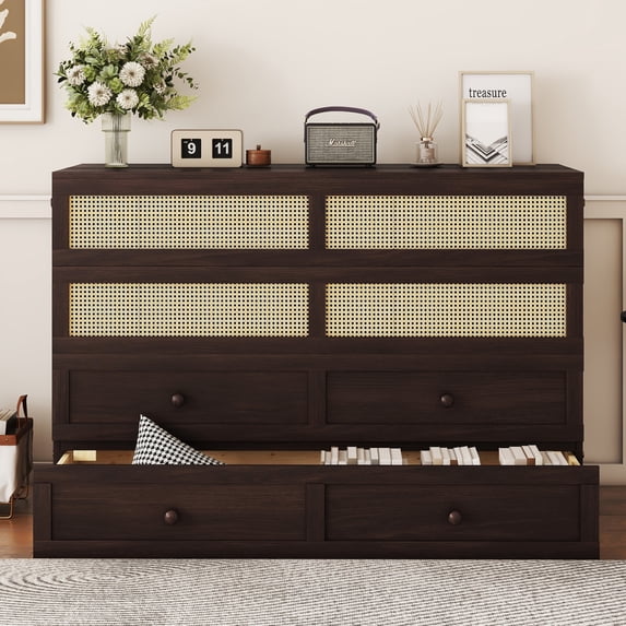 Queen Size Murphy Bed with Rattan Decoration and Drawers, Modern Style Foldable Hideaway Wall Murphy Bed Frame, No Box Spring Needed, Easy Assembly, for Bedroom, Espresso