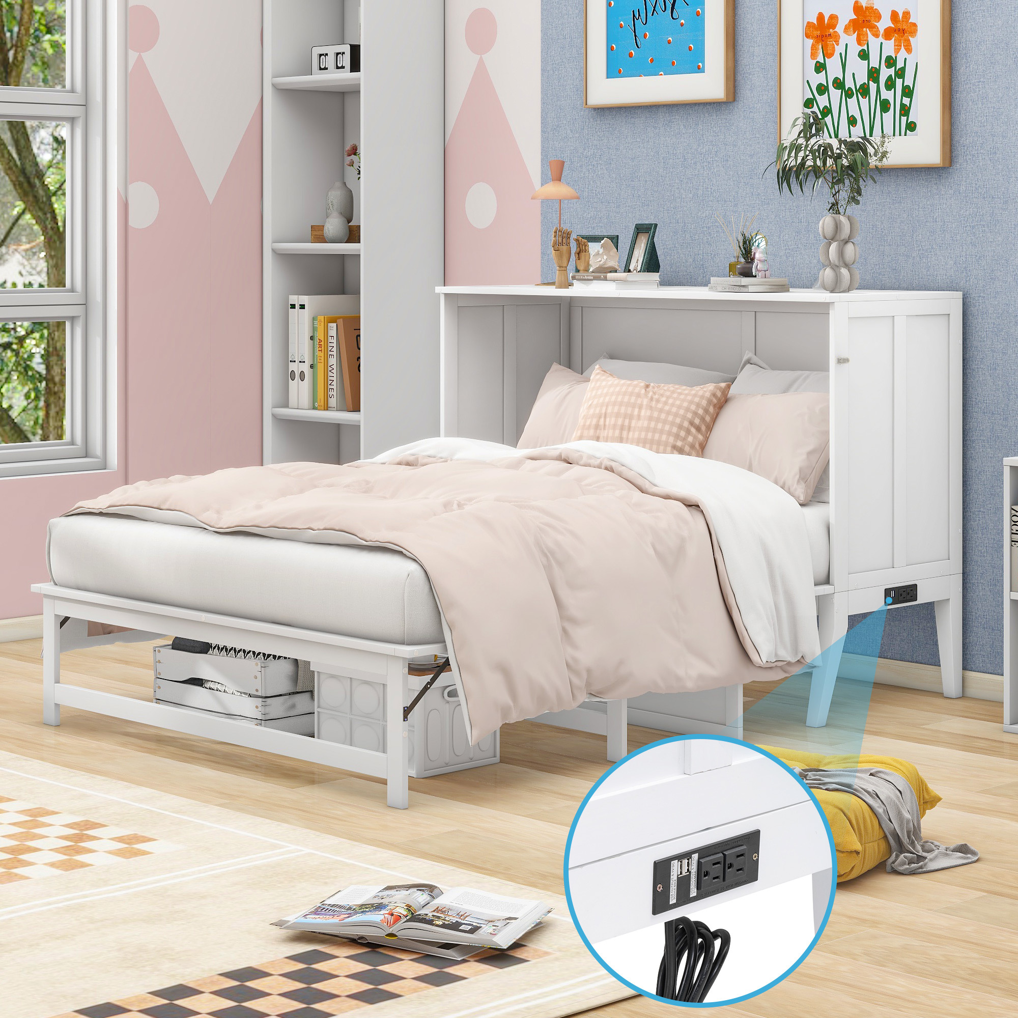 Queen Size Murphy Bed with Shelf and Charging Staion,Convertible into a