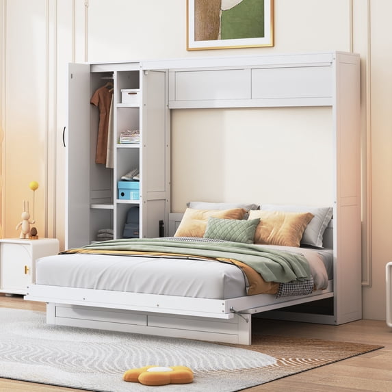 Queen Size Murphy Bed with Shelves and Wardrobe, Space Saving Wall Bed Cabinet with LED Lights, Foldable Platform Bed Frame for Small Apartments, White