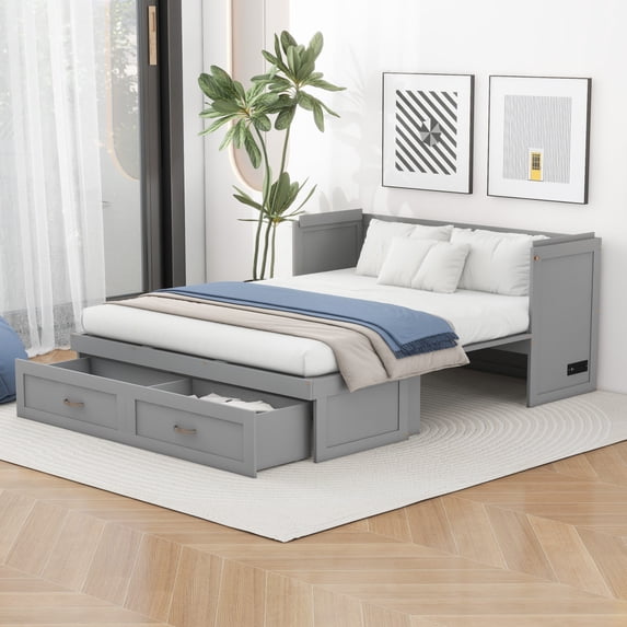 Queen Size Murphy Bed, Solid Wood Foldable Pull Out Bed Cabinet with Built-in Charging Station and Large Drawers, No Spring Box Needed, for Apartments, Bedrooms, Light Gray