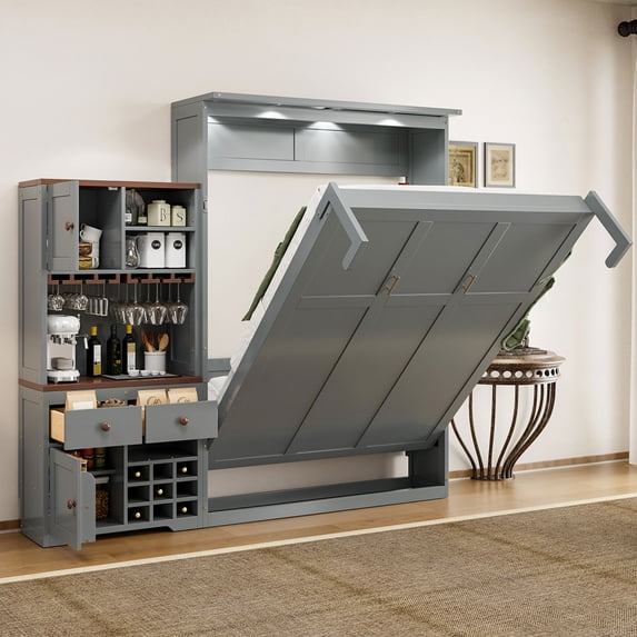 Queen Size Murphy Bed with Storage Cabinet, Wall Bed Frame Folding into Cabinet Design with Wine Rack, Glass Holder, Drawers and Multi-Color LED Strip, Gray