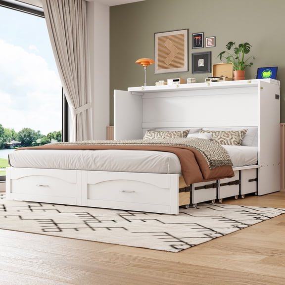 Queen Size Murphy Bed with Storage Drawers and Built-in USB Outlets, Space Saving Wall Bed with Smooth Pulley System, White Finish for Small Apartments
