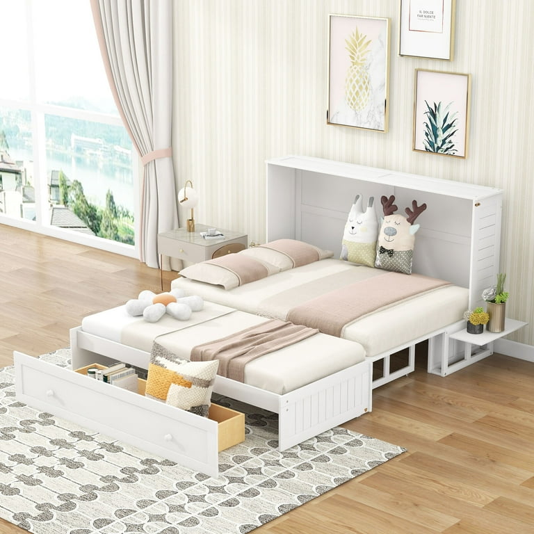 Queen Size Murphy Bed Storage Platform Bed Frame with Little Shelves on Each Side and Drawer Convertible into A Storage Cabinet for Living Room