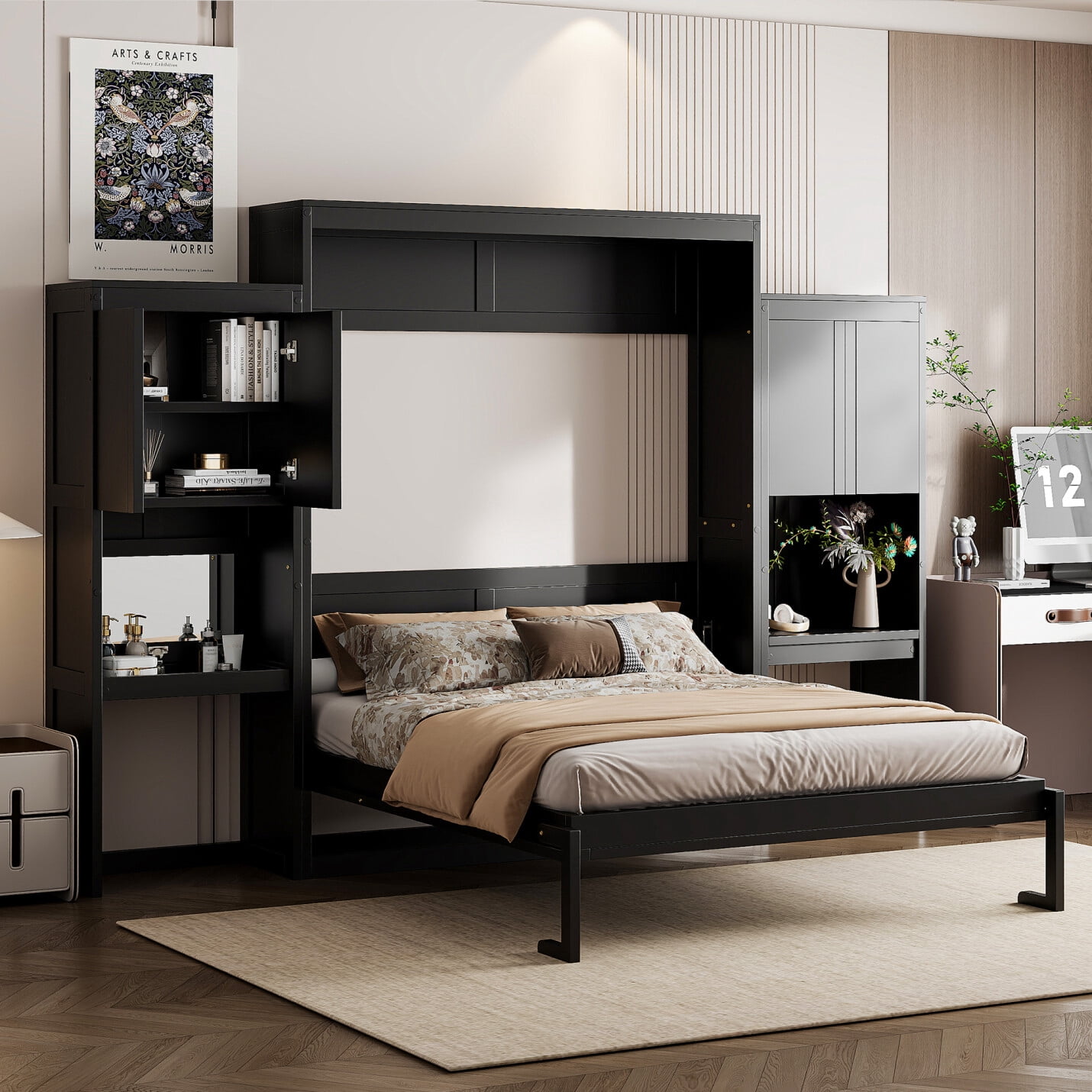 Queen Size Murphy Bed Wall Bed with Desk and Vanity, Multifunctional ...