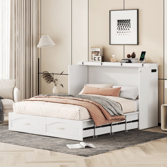 Queen Size Murphy Bed Wall Bed With Drawer And A Set Of Sockets & Usb Ports, Pulley Structure Design, White