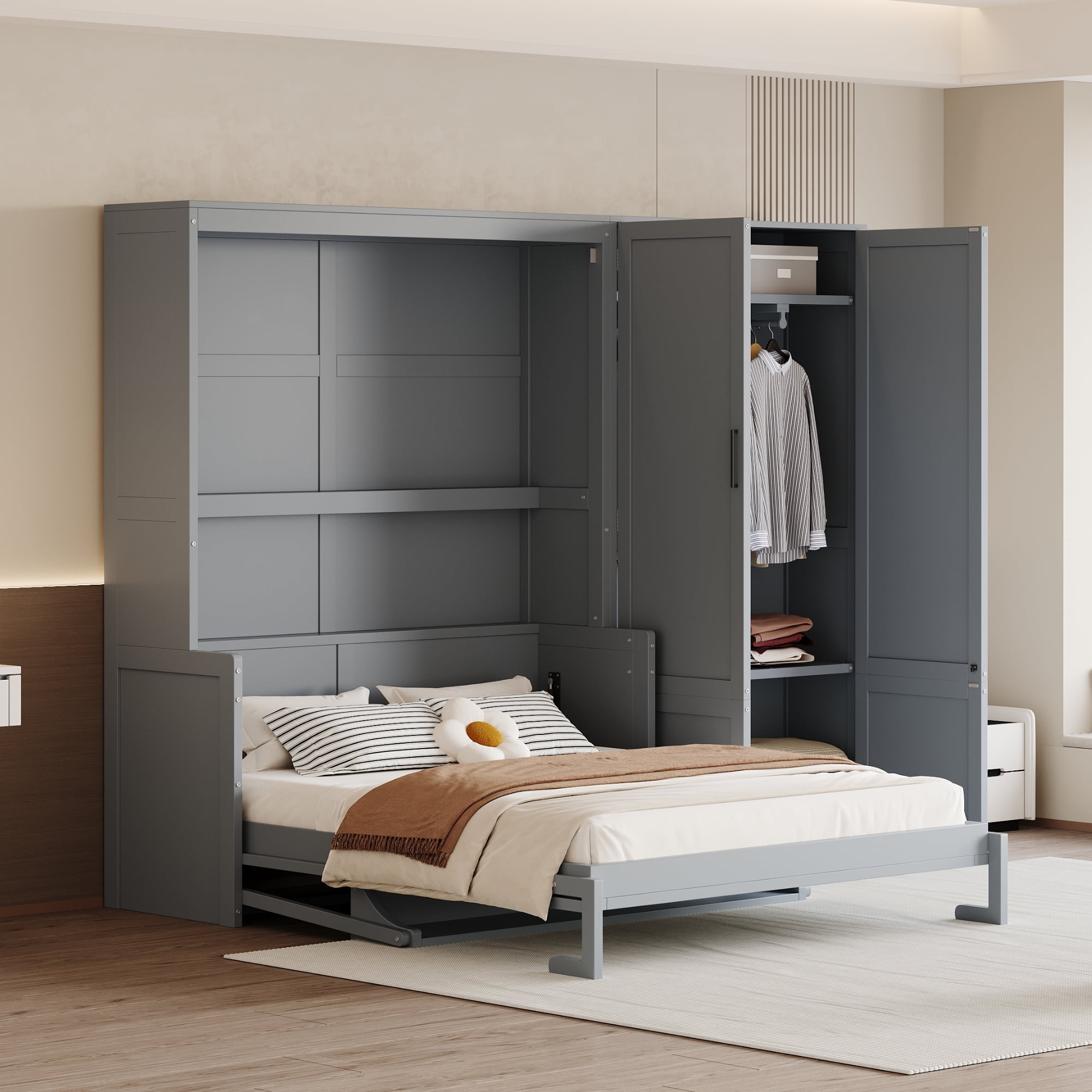 Queen Size Murphy Bed Wall Bed with Closet,Gray - Walmart.com