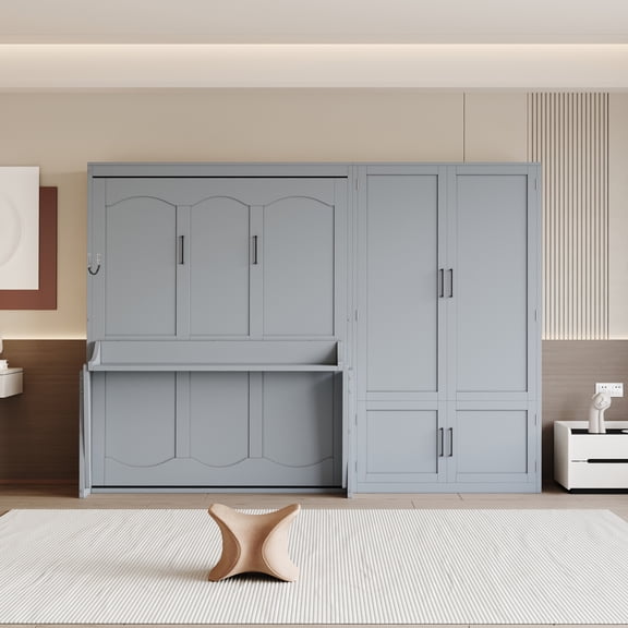 Queen Size Murphy Bed Wall Bed with Closet, Gray