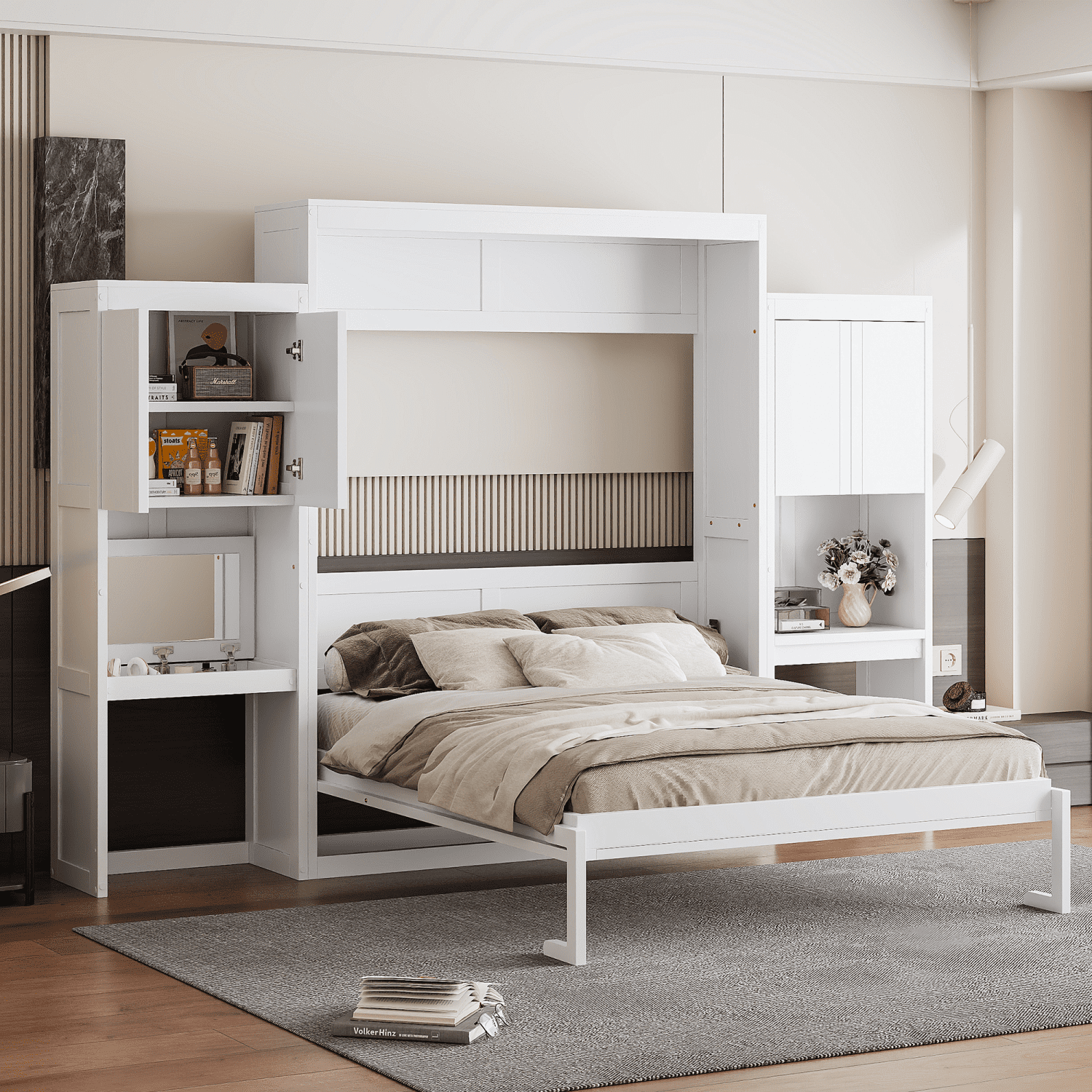 Queen Size Murphy Bed Wall Bed with Desk and Vanity, Multifunctional ...