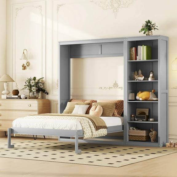 Queen Size Murphy Bed Wall Bed with Shelves,Gray(OLD SKU:LP000697AAE-1)