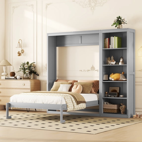 Queen Size Murphy Bed Wall Bed with Shelves,Upholstered Platform bed with Wooden Slat Support, Gray