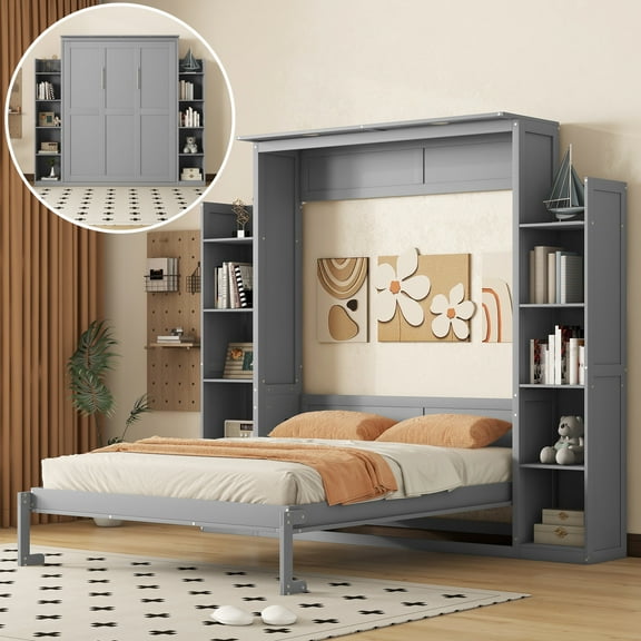 Queen Size Murphy Bed Wall Bed with Shelves and LED Lights, Gray