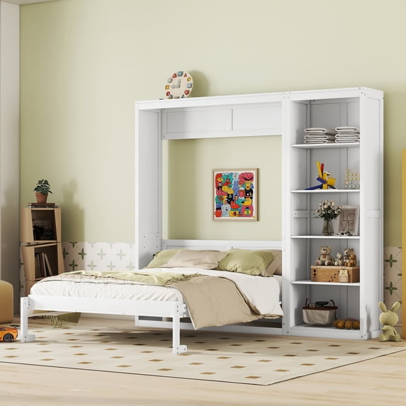 Queen Size Murphy Bed Wall Bed with Side Cabinet Storage Shelves, Wood Foldable Platform Bed Vertical Wall for Bedroom Guest Room Home Office, White