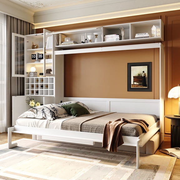 Queen Size Murphy Bed Wall Bed with Sofa , Shelves USB & Light ,White(OLD SKU:LP000764AAK)