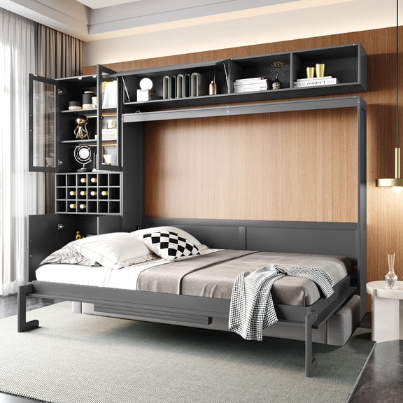 Queen Size Murphy Bed Wall Bed with Sofa & Storage - Gray