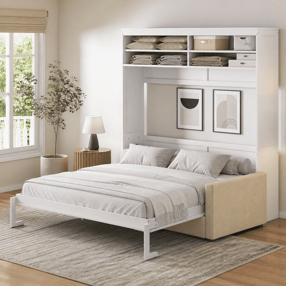Queen Size Murphy Bed Wall Bed with Sofa, White