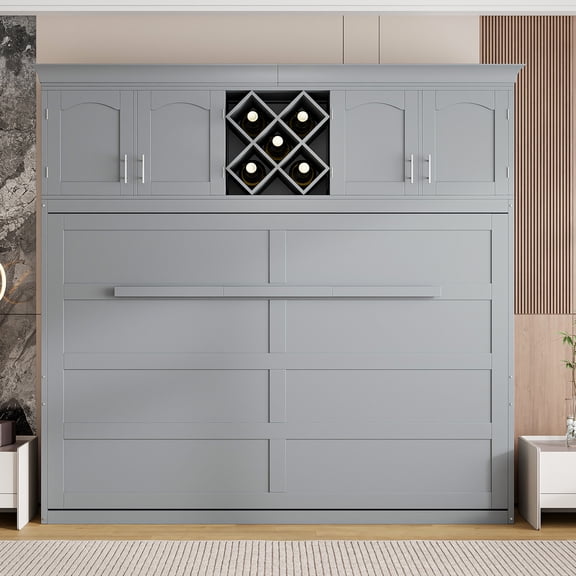 Queen Size Murphy Bed Wall Bed with Top Cabinets & Wine Rack, Gray