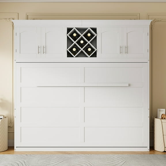 Queen Size Murphy Bed Wall Bed with Top Cabinets & Wine Rack ,White(OLD SKU:LP000879AAK)