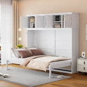 Queen Size Murphy Bed Wall Bed with White Top Cabinets - Space Saving Design