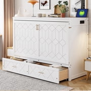 Queen Size Murphy Beds with drawer & USB Ports,Folding Storage Wall Bed Furniture for Bedroom,Office,Guest Room,White