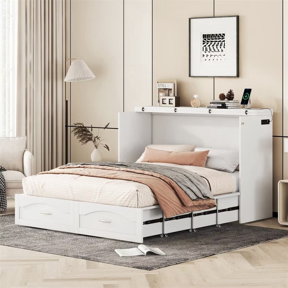 Queen Size Murphy Bed Wall Bed with Drawer, Sockets & USB Ports, Space ...