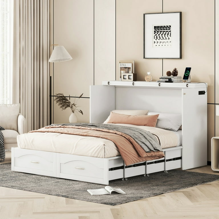 Queen Size Murphy Bed Wall Bed with Storage Drawers Wood Murphy Bed Chest with a set of Sockets USB Ports Foldable Platform Bed with Pulley Structure for Home Office Small Room
