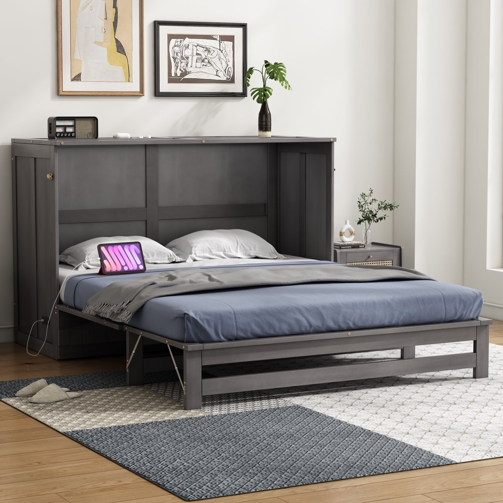 Queen Size Murphy Bed With Built-In Charging Station, Antique Grey
