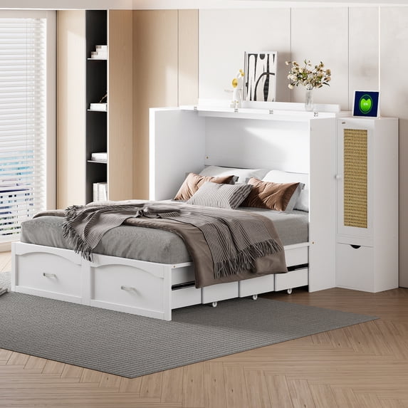 Queen Size Murphy Bed, Wood Wall Bed with Drawer and Rattan Decoration with 2 Storage Cabinets,One set of Sockets & USB Ports, Pulley Structure Design, White
