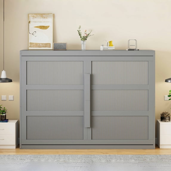 Queen Size Murphy Bed, Wood Wall Bed with LED Lights , Hidden Horizontal Folding Platform Bed for Guest Room, Home Office, Gray