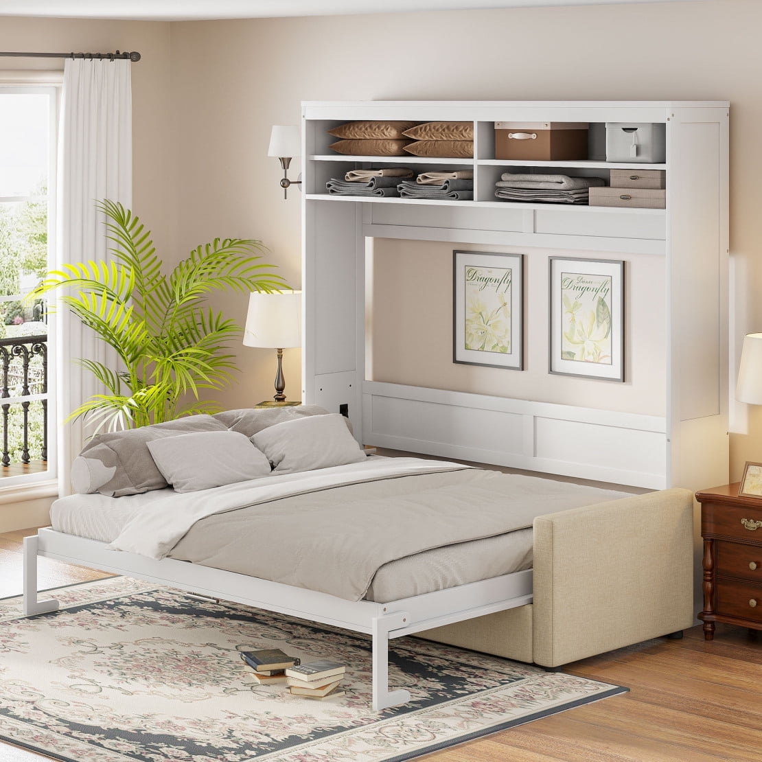 Queen Size Murphy Bed, Wooden Queen Murphy Bed with Sofa, Folding Wall ...