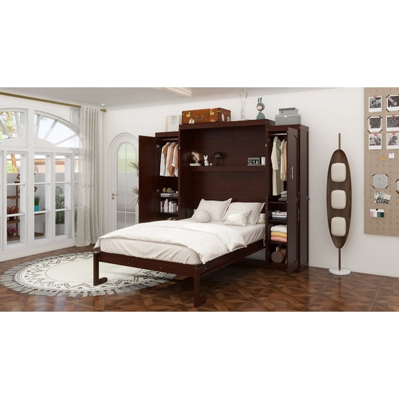 Queen Size Murphy Bed, Wooden Queen Wall Bed with 2 Wardrobe and Storage Shelf, Multifunctional Foldable Platform Bedframe for Guest-Room, Bedroom, Walnut