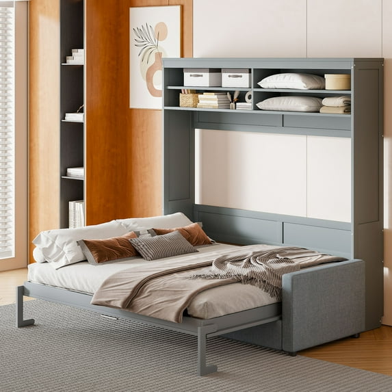 Queen Size Murphy Bed, Wooden Wall Bed with Sofa & Shelf for Living Room, Guest Bedroom, Office, Gray