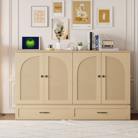 Queen Size Murphy Bed in Gold with Large Drawers and Elegant Aesthetic