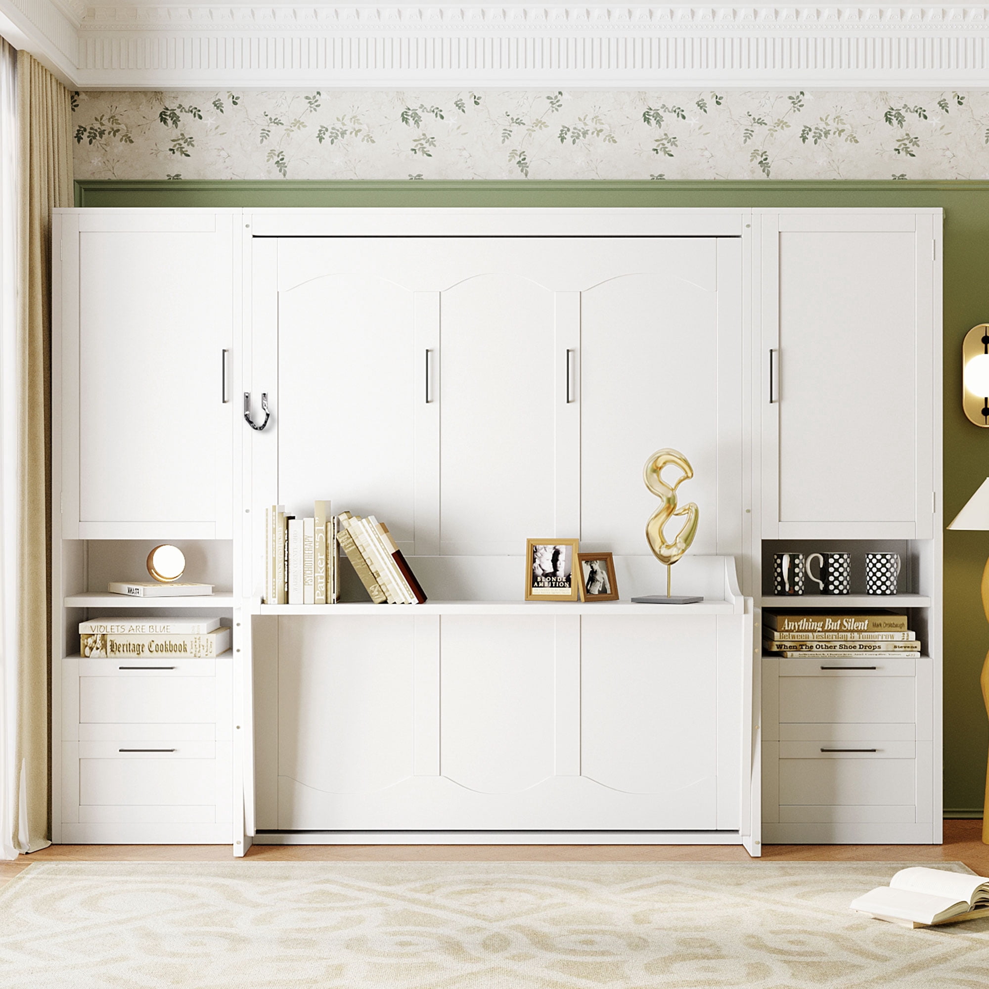 Queen Size Murphy Bed with 2 Closet, 4 Drawers and Open Shelves for Small Space, Guest Room