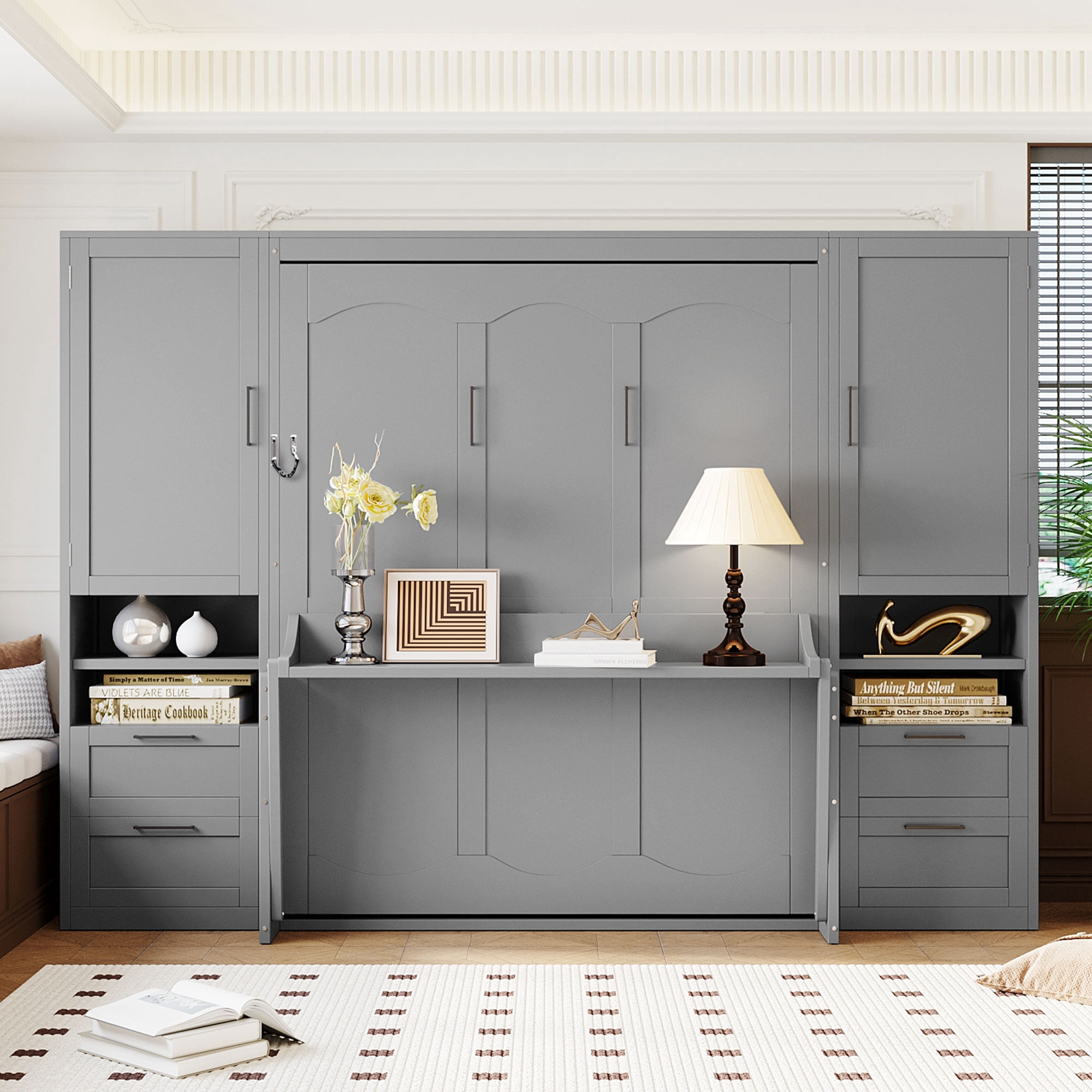 Queen Size Murphy Bed with 2 Closet, 4 Drawers and Open Shelves for Small Space, Guest Room