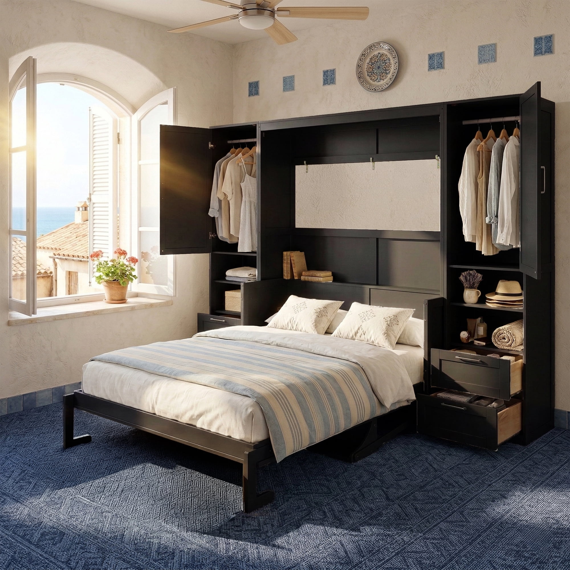 Queen Size Murphy Bed with 2 Closet, 4 Drawers and Open Shelves for Small Space, Guest Room