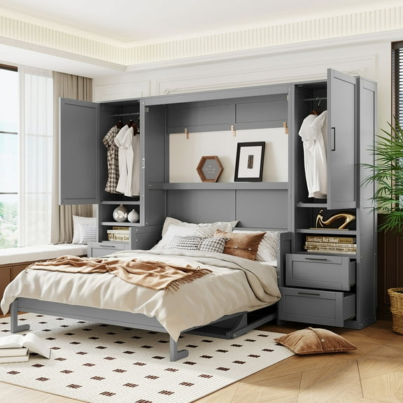 Queen Size Murphy Bed with 2 Closets, Wooden Murphy Cabinet Bed Frame with 4 Drawers and Open Shelves, Hidden Foldable Wall Bed for Home Office, Gray