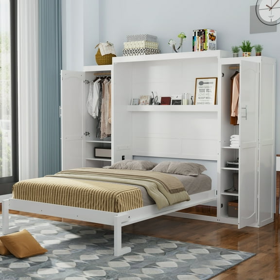 Queen Size Murphy Bed with 2 Wardrobe and Storage Shelf, Multifunctional Foldable Platfo
