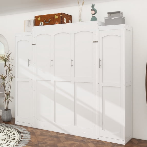 Queen Size Murphy Bed with 2 Wardrobe and Storage Shelf, Multifunctional Foldable Platform Bedframe for Guest-Room, Bedroom, White