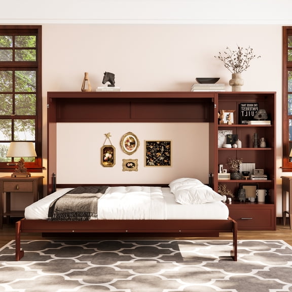 Queen Size Murphy Bed with Adjustable Storage, Wall Bed Frame with Drawer, Foldable Platform Bed, Space Saving Cabinet Design, Walnut, Ships 4 Pkgs