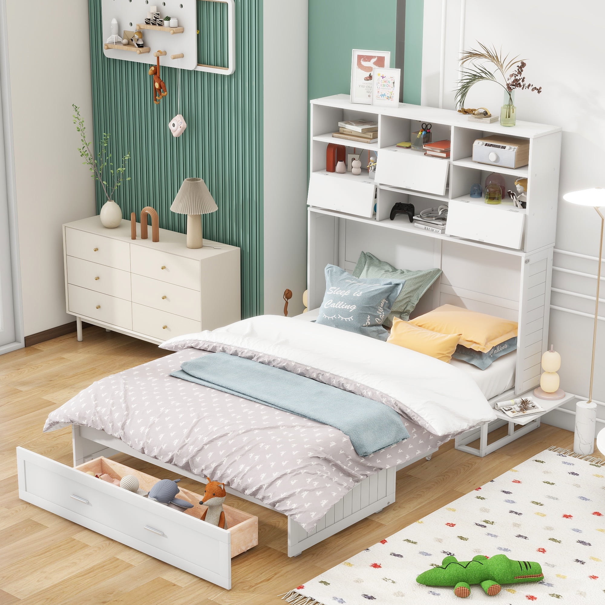 Queen Size Murphy Bed with Built-In Charging Station and a Shelf, White