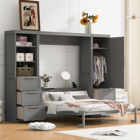 Queen Size Murphy Bed with Closet ,Drawers and Shelves, Solid Wood Wall Bedframe for Multipurpose Guest Room or Home Office, Space-Saving, Gray