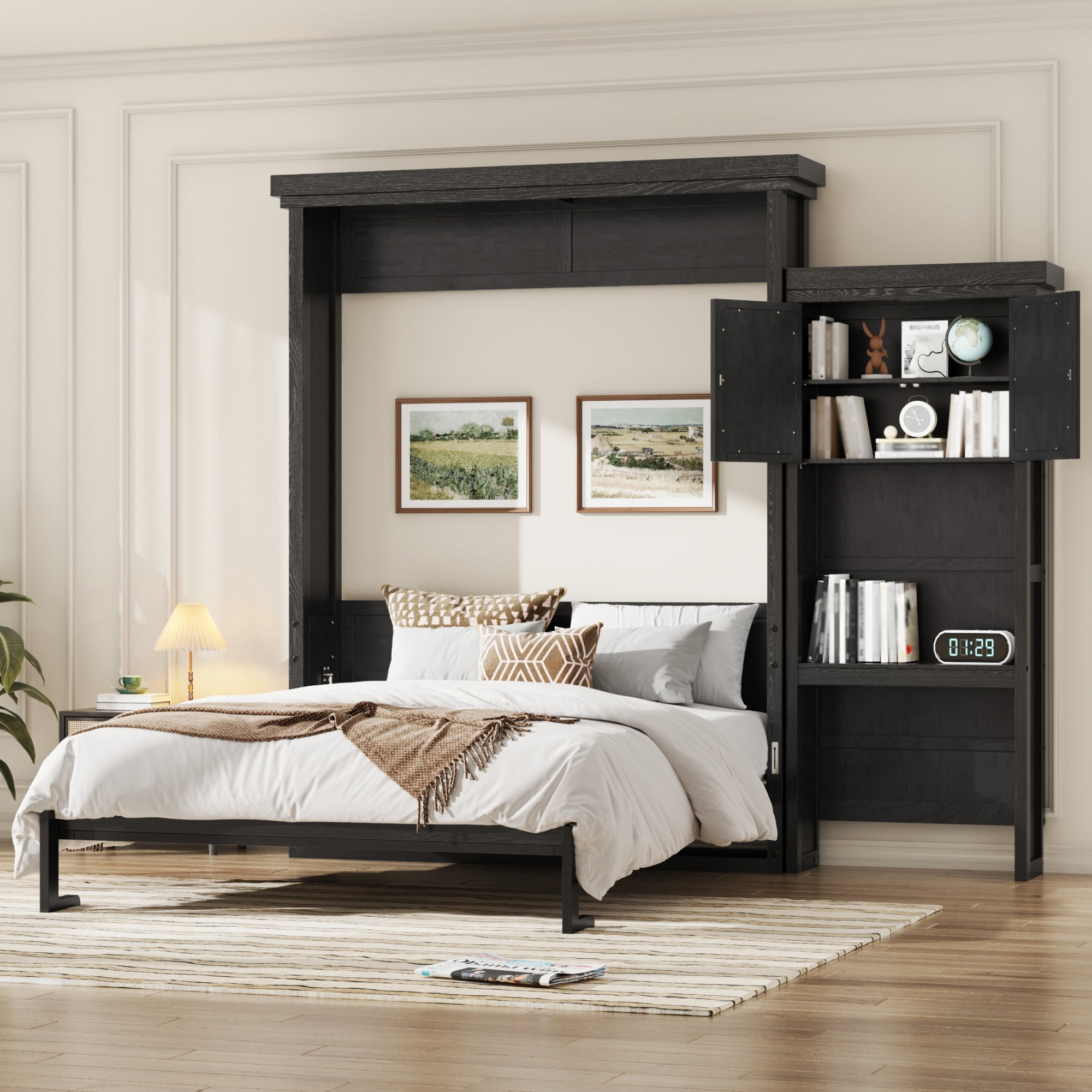 Queen Size Murphy Bed with Convertible Multiple Storage Shelves for Small Space, Guest Room