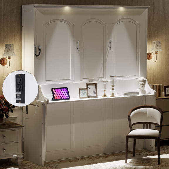 Queen Size Murphy Bed with Desk,LED Lights and USB Charging Station,White(Old SKU:N7500004014K)