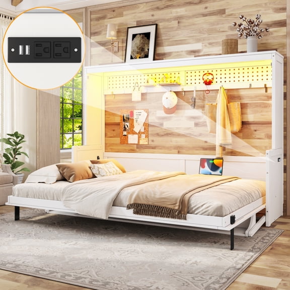Queen Size Murphy Bed with Desk, USB Charging & LED Lights, Space-Saving Wall-Mounted Bed,White