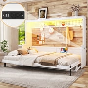Queen Size Murphy Bed with Desk, USB Charging & LED Lights, Space-Saving Wall-Mounted Bed,White