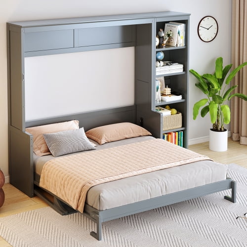 Queen Size Murphy Bed with Desk and Bookshelf, Space-Saving Solid Pine Wood Cabinet Bed, No Box Spring Needed, Gray