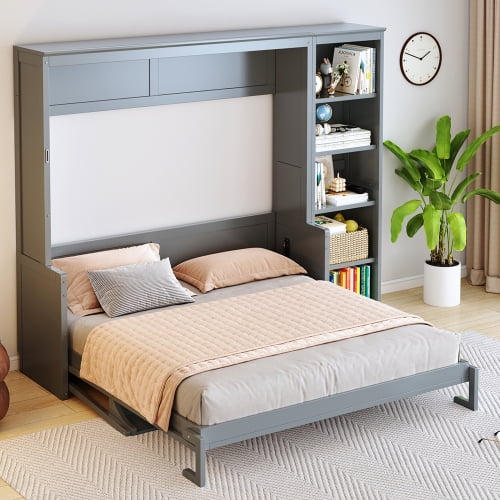 Queen Size Murphy Bed with Desk and Bookshelf, Space-Saving Solid Pine Wood Cabinet Bed, No Box Spring Needed, Gray